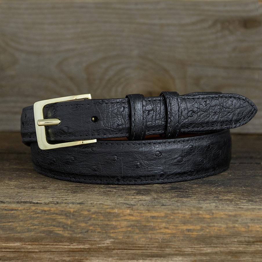 Engraved black ostrich leather western belt