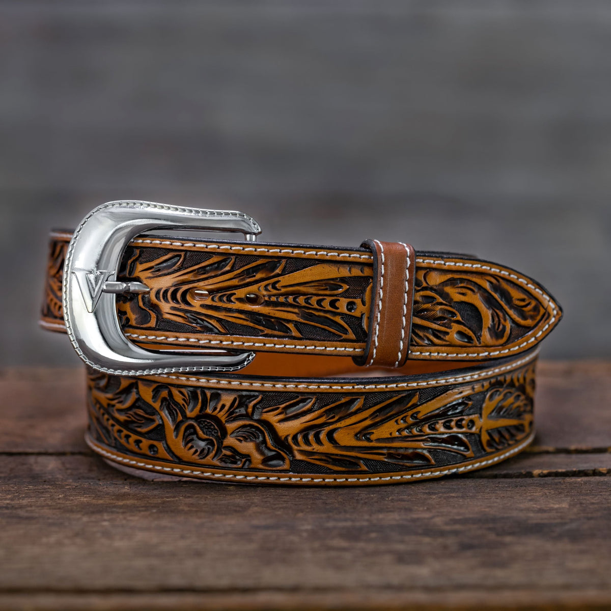 Tooled Brown Leather Long Narrow Western Belt, order Ornate Silver Buckle, 1980s Billy Belts, Modern Abstract