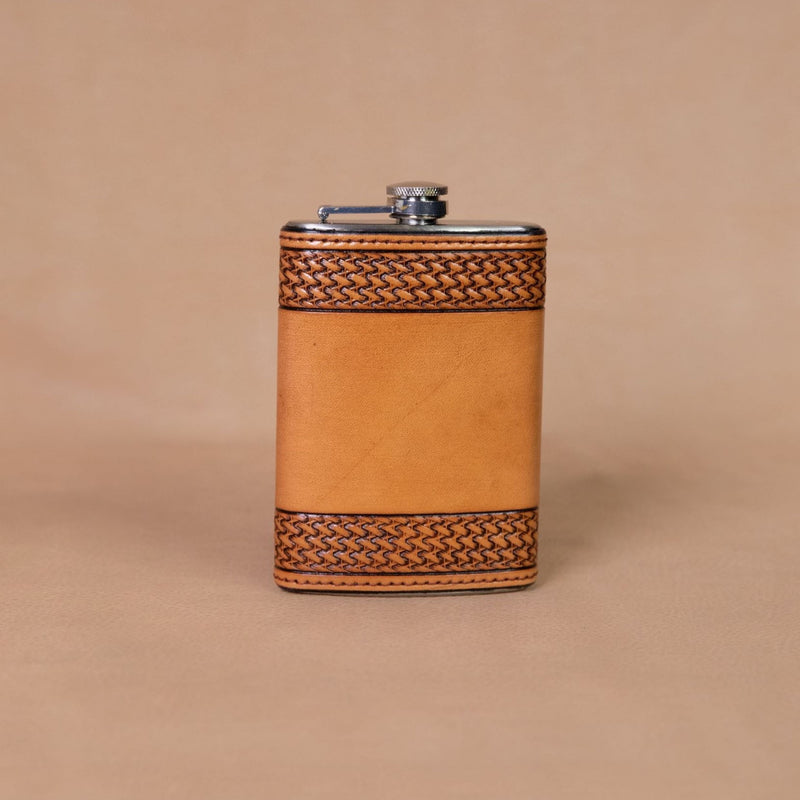 Vogt Silversmiths Leather Flask Russet Tooled Basket Weave Flask